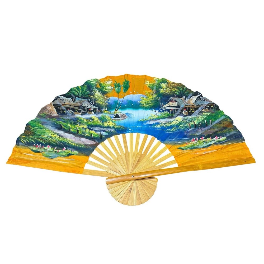 Vintage Large Asian Wall Art Fan Hand Painted 40 x 24 Tropical Village Landscape